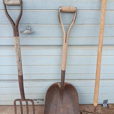 Yard and Garden farm tools - scoop shovel - potato fork - antique garden harrow