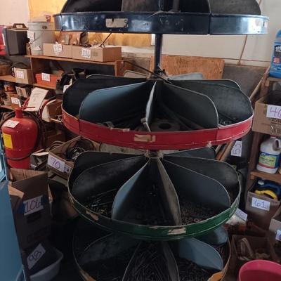 Very neat vintage commercial four level hardware organizer with hardware - each section turns
