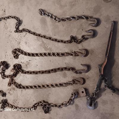Small pieces of chain - each with a steel hook on the end and a load / chain binder