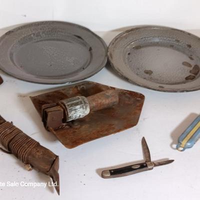 Enamel camping plates - folding shovel - hatchet and other vintage camping supplies