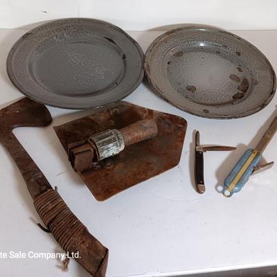 Enamel camping plates - folding shovel - hatchet and other vintage camping supplies