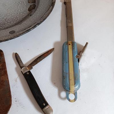 Enamel camping plates - folding shovel - hatchet and other vintage camping supplies