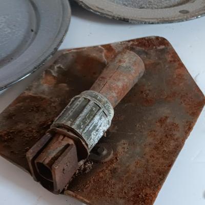 Enamel camping plates - folding shovel - hatchet and other vintage camping supplies