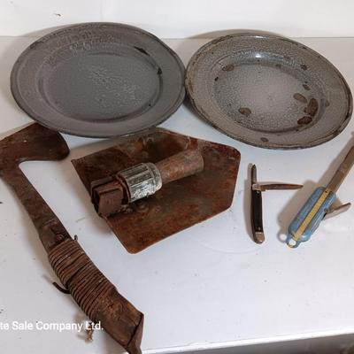Enamel camping plates - folding shovel - hatchet and other vintage camping supplies