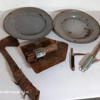Enamel camping plates - folding shovel - hatchet and other vintage camping supplies