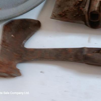 Enamel camping plates - folding shovel - hatchet and other vintage camping supplies