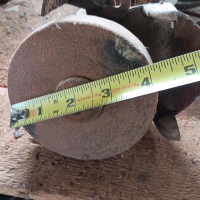 Small antique bench mount hand driven grinder with wooden handle