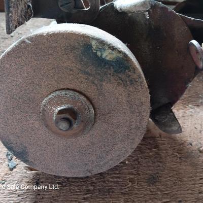 Small antique bench mount hand driven grinder with wooden handle