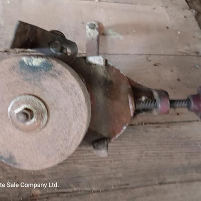 Small antique bench mount hand driven grinder with wooden handle