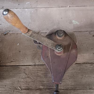 Small antique bench mount hand driven grinder with wooden handle