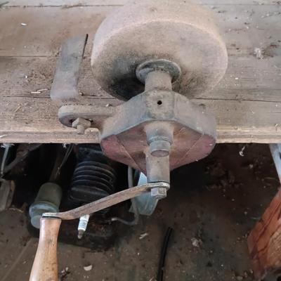 Small antique bench mount hand driven grinder with wooden handle