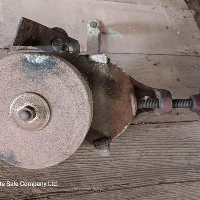 Small antique bench mount hand driven grinder with wooden handle