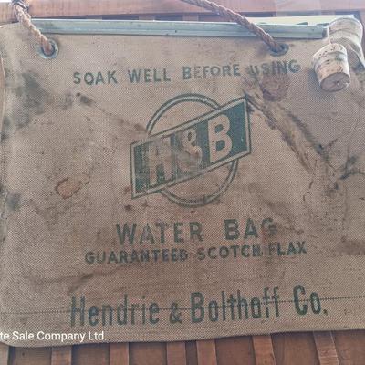 Antique H&B water bag Hendrie & Bolthoff Co. canvas waterbag with cork plug