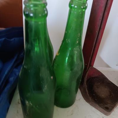 Vintage bottle cork machine hand crank with vintage glass bottles