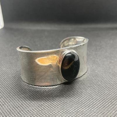 CII MEXICO 925 Sterling Silver - Vintage Black Onyx Cuff Bracelet