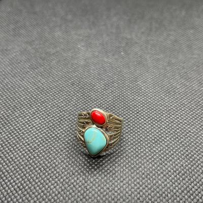 Turquoise, coral, silver ring. Size 7