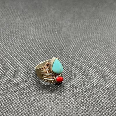 Turquoise, coral, silver ring. Size 7