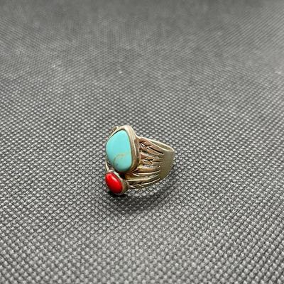 Turquoise, coral, silver ring. Size 7