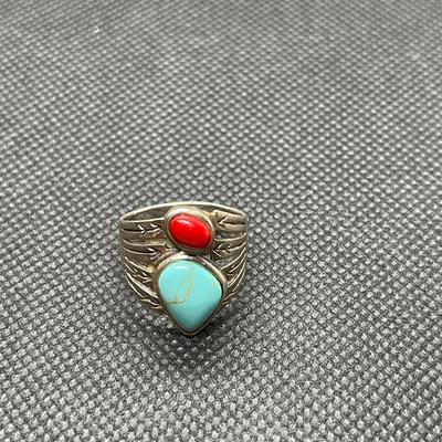 Turquoise, coral, silver ring. Size 7