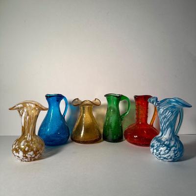 LOT 1F: Vintage Colored Crackle Glass & Hand Blown Rainbow Glass Pitchers