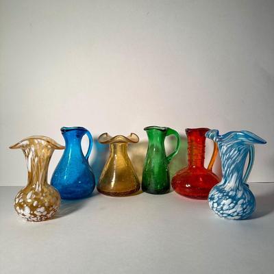 LOT 1F: Vintage Colored Crackle Glass & Hand Blown Rainbow Glass Pitchers