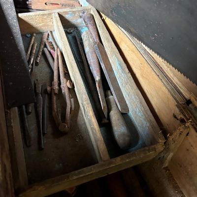 Antique wood tool box with tools, all seen