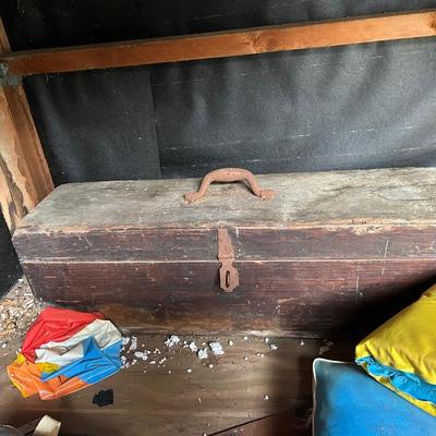 Antique wood tool box with tools, all seen