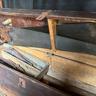 Antique wood tool box with tools, all seen