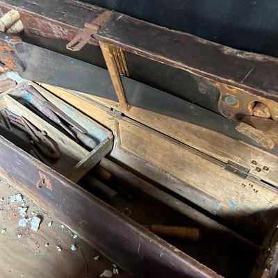 Antique wood tool box with tools, all seen