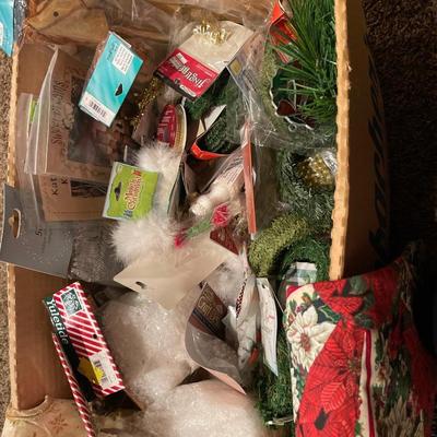 Box of Christmas crafting items