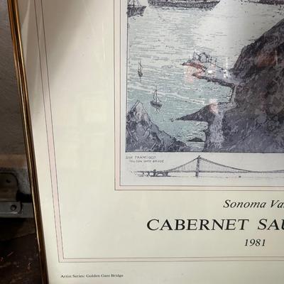 Kenwood Cabernet Sauvignon 1982 poster with Golden Gate Bridge, professionally framed