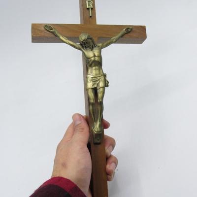 Vintage Metal Wooden Gothic Jesus the Nazarene King of the Jews Gold Tone