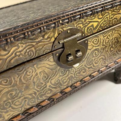 FANCY FOOTED STRONGBOX- METAL ON WOOD, OLD WORLD DESIGN