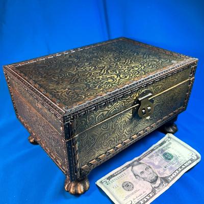 FANCY FOOTED STRONGBOX- METAL ON WOOD, OLD WORLD DESIGN