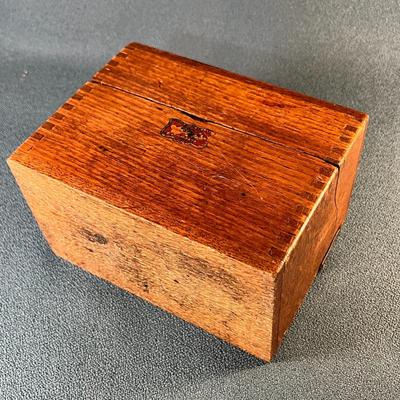 ANTIQUE DOVETAILED WOODEN FILE BOX WITH METAL HINGES