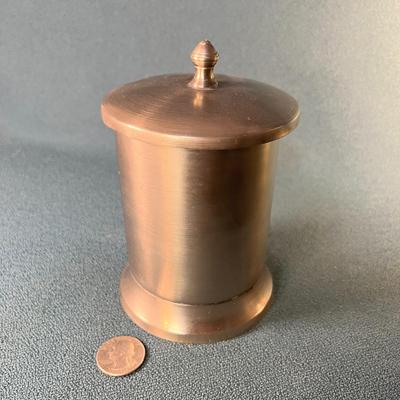 PEWTER-LIKE LIDDED VANITY CONTAINER, FOR COTTONBALLS OR ?