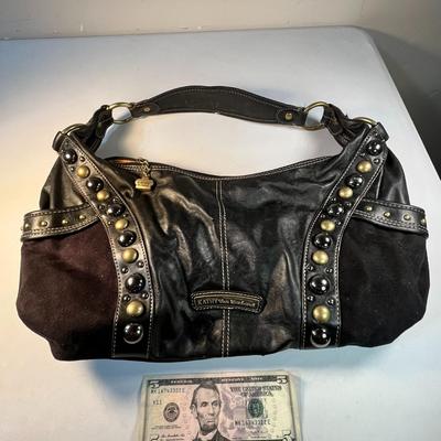 KATHY VAN ZEELAND BLACK LEATHER, SUEDE WOMEN'S PURSE WITH FANCY STUD EMBELLISHMENT