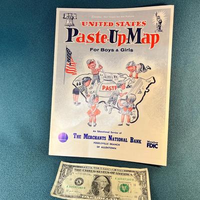 1961 U.S. PASTE-UP MAP BANK PROMO FOR CHILDREN:  COOL VINTAGE GRAPHICS