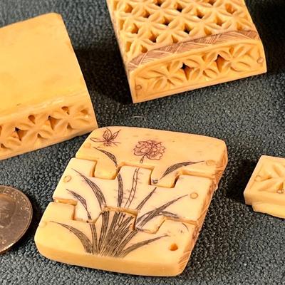 ANTIQUE CARVED, INCISED PIECES OF IVORY?  5 COUNT- GOOD FOR MAKING ART, JEWELRY OR CRAFTS