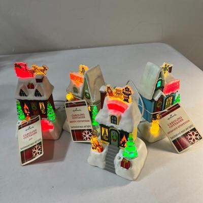 SET OF 4 "CAROLING COTTAGES" by HALLMARK PLAY MUSIC, LIGHT UP AND SYNCHRONIZE!