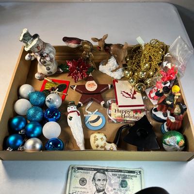 ASSORTMENT OF CHRISTMAS DECORATIONS: BULBS, FIGURINES, TAGS, GARLAND, ETC.