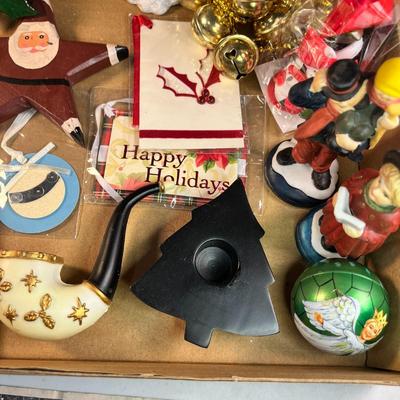 ASSORTMENT OF CHRISTMAS DECORATIONS: BULBS, FIGURINES, TAGS, GARLAND, ETC.