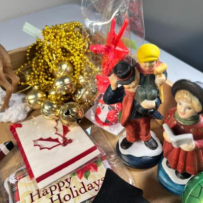 ASSORTMENT OF CHRISTMAS DECORATIONS: BULBS, FIGURINES, TAGS, GARLAND, ETC.