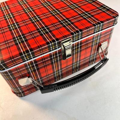 RED PLAID METAL ALADDIN LUNCH BOX