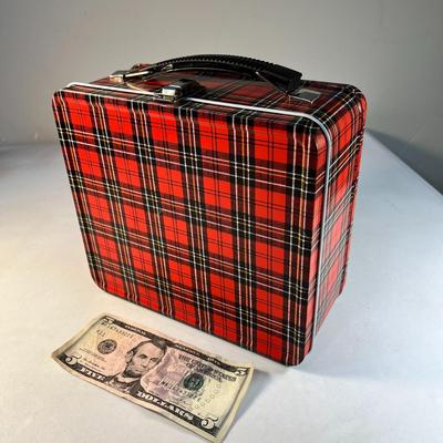 RED PLAID METAL ALADDIN LUNCH BOX EstateSales