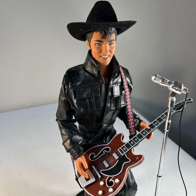 COOL ELVIS FIGURINE DOLL ON STAND WITH MICROPHONE STAND, GUITAR, HAT, LEATHER OUTFIT