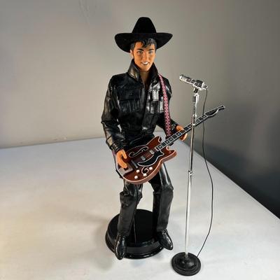 COOL ELVIS FIGURINE DOLL ON STAND WITH MICROPHONE STAND, GUITAR, HAT, LEATHER OUTFIT