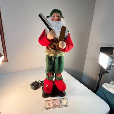 ANIMATED CHRISTMAS ELF FIGURE WITH TOOLS- MOVES SIDE TO SIDE AND "SAWS" WOOD 