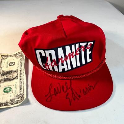 LAVELL EDWARDS SIGNED GRANITE FARMERS BALL CAP  RECRUITING TRIP?