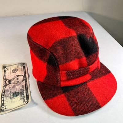 RED, BLACK PLAID FILSON WOOL OUTDOORSMAN'S CAP WITH EAR FLAPS, BRIM